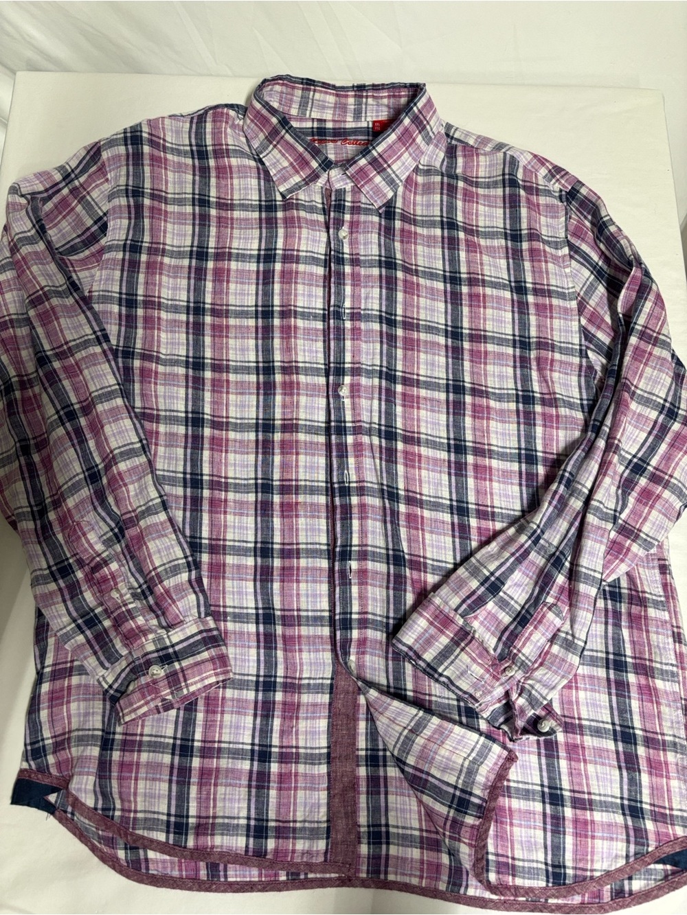 Report Collection 100% Linen Purple Plaid Button-Down Shirt